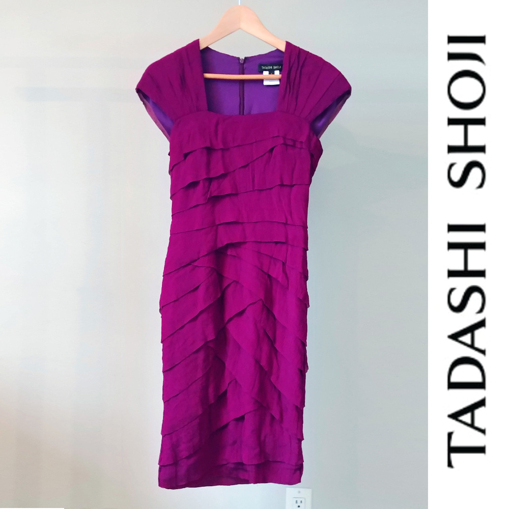 Tadashi Shoji Silk Purple Dress Tiered Cap Sleeve